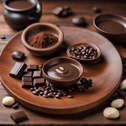 Chocolate pieces and liquid chocolate in a wooden plate on a wooden table, cocoa powder and coffee beans in a brown cloth bag next to the plate, ultra detailed, ultra realistic, intricate, photorealistic, 8K, sharp focus, epic composition, masterpiece