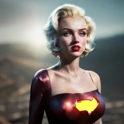 Realistic image classic superhero portrait, waist up view, blonde woman, sweet Marylin Monroe face, perfect iris, glow eyes, classic super hero dress, highly detailed, unreal engine 5, ray tracing, RTX, lumen lighting, ultra detail, volumetric lighting, 3d, finely drawn, high definition, high resolution.