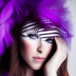 A beautiful portrait of a cute woman purple color scheme, high key lighting, volumetric light high details with white stripes and feathers and celtic paterns