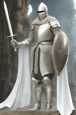 Knight wearing white chainmail armor and white cape with white face mask, holding a spear