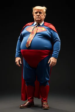 a thoroughly confused, elderly and morbidly obese donald trump standingdressed as superman