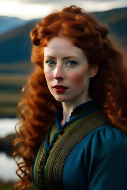 First century 35 year old Scottish Princess with stunning green eyes, red very curly hair, in a blue and gold dress with a loch in the background and scottish highlands all around