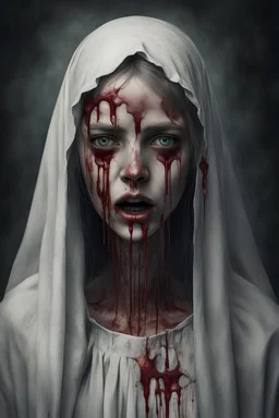 A horror digital realism portrait of a saint blind girl with gloomy eyes and bleeding mouth her soul out pain