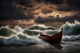 A real photographic landscape Super wide,Ominous sky,Sailing boat,Wooden boat,Lotus,Huge waves,Starr.