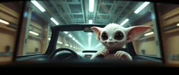 car driving happy 2d anime fluffy reflective alien sloth gremlin woman in the style of Escher and Giger and Fallout 4, pinhole cam, airbrush 3d rendering, on tv screen:A five-second cinematic single take in a clean industrial presentation hall.