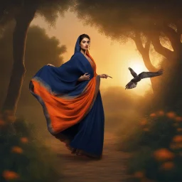 Hyper Realistic 3rd-rule-view of a Beautiful-Young-Happy-Pashto-Woman-with-a-bird-on-his-hand with navy-blue-dress-&-orange-shawl & breeze-whirling in a jungle-with-tall-trees & cloudy-sunset-&-sun-rays showing dramatic & cinematic ambiance