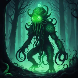 creature from the depths of the dark forest, a shadowy being with tentacles for arms and eyes that glow in the night. This monster wears socks, with a pattern resembling ancient runes etched in a luminescent green hue. The socks pulsate with an eerie energy, matching the creature's otherworldly presence.