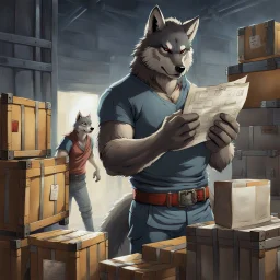 a chubby anthropomorphic wolf-man wearing t-shirt pants and red belt around his waist looking at several item lists in his paws in a large warehouse, around some boxes and wooden crate, an another anthropomorphic wolf-man just half visible in the doorway as he looks at him, detailed, realistic, sci-fi, anthro mood, fantasy