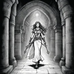 [illustration by Kevin Eastman and Peter Laird] Seraphina walks, light behind her, her face etched with concentration as she guides the group forward with the aid of the glowing key along the passageway walls. "These symbols..." she murmurs, "they're older than anything I've ever seen before. The key pulses in her hand, sending waves of silvery light down the corridor ahead. You notice the shadows seem to recoil from its light, as if in fear. Eliza and Markus follow close behind, their footste