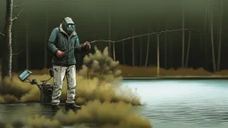 a man catching a robot monster with his fishing rod, cartoon style Simon Stålenhag