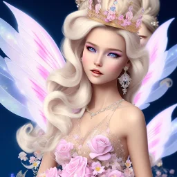 fantasy baby fairy with luminous wings, smiling, make up, long platinum blond hair with crown and flowers, pink dress