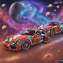 God like, Single extremely detailed Porsche and ferrari style car (Centered on image), moving on a silk road through the galaxy, symetrical, HD, 4k, 8k, Photo realistic, neon glow, Power colors