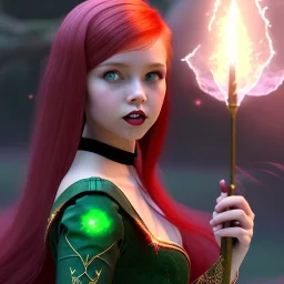 Gorgeous teenage girl with red hair who is dressed like a witch casting a spell with a wand, green eyes, background is realistic space, goth girl dress, full body portrait, arm colors gradient effect into stars, rendered, unity 3d, unreal engine, dslr, hdr, 4k, edited, photorealistic, normal number of appendages, freckles, artists rendering