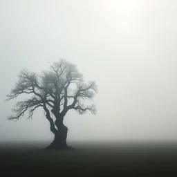 Award-winning fine art landscape photography of an ancient solitary tree standing in the middle of a vast mist-covered field, soft morning fog, minimalistic composition, atmospheric light rays piercing through the mist, emotional storytelling, extraordinary tonal range, captured with a medium format camera, gallery-quality fine art photography, ultra realistic, masterpiece, 64 k