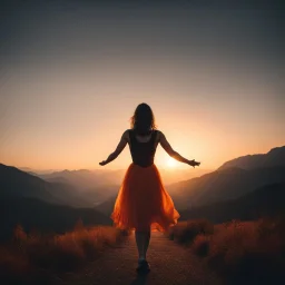 dark night, watching a woman from behind wearing a sleeveless dress, arms up in the air, who is walking towards a beautiful orange sunrise in the distance, mountains and forests around, photo quality