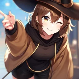 Clear focus, High resolution, short brown spiky hair, hair between eyes, eyes closed, wearing a brown detective hat, wearing a brown jacket and a black shirt, wearing black shorts, 1girl, pulling hat down, smiling, wearing a oversized hoodie