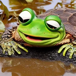 pepe the frog riding a snapping turtle on the edge of a muddy pond