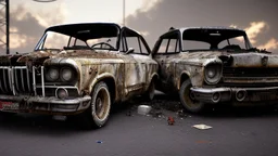 close up photography of two 44 year old dirty burly strong angry stocky turkish mechanics wet sweat, bullneck, long curly beard, short hair manly chest, white boxer, sitting on an old car at midnight inside a car demolition parking lot, misery and poverty, open legs, photorealistic, look at camera, neon side light, very detailed , view from the ground , ambient occlusion