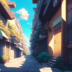 a beautiful digital anime style painting of osaka alleyway, relaxing summer day, masterpiece, sharp focus, intricate details, visually stunning, wide angel camera, octane render, volumetric lighting, vdb clouds, realistic shadows, uhd, 8k, art by hayao miyazaki