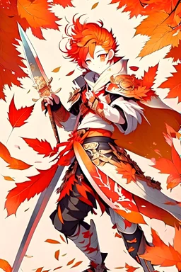 Kazuha wearing orange, red and white clothes with maple leaves all over his out fit and more orange hair, and orange eyes,waving in genshin impact with sword