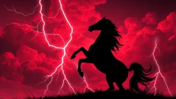 full silhouette of a horse rearing up(on right, facing left, outlined by lightning), red cloudy sky, lightning bolts(from top left, to bottom right), fantastic illustration