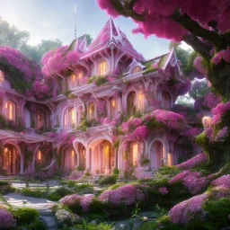 a magical flower bougainvillier fuksia house in the woods, pink vertical, sharp, vines, candlelit, endor, ornate, elegant, highly detailed, artstation, concept art, smooth, sharp focus, illustration, 8k, splash art, wallpaper, key visual