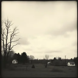 A landscape, odd black and white old photo, dystopic atmosphere, trees, some odd houses, George Grosz