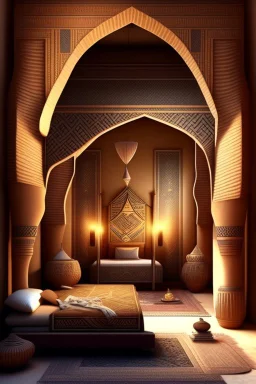 An Egyptian bedroom with arches, a big bed, cushions, rugs, lamps