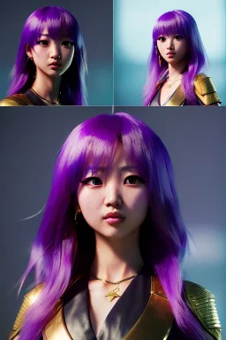 Young asian woman, anime barbarian character, purple hair, gold eyes, long hair gold jewelry, leather, vibrant color, highly detailed, art stations, concept art, smooth, unreal engine 5, god rays, ray tracing, RTX, lumen lighting, ultra detail, volumetric lighting, 3d, finely drawn, high definition, high resolution.