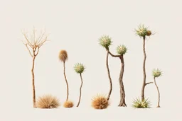 "Isolated concept art of multiple types of alien tree plant on a plain neutral background. Designed for Desert biome – dry, spiky, brittle grass with sharp edges, thorn-like blades, and pale dusty colors