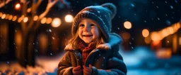 Little girl with christmas lights enjoying the holidays outdoors in snowfall. Happy cute child girl playing with Chistmas festive lights. digital ai