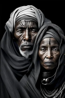 a photo of an Tuareg man and woman with ethnic jewelry, grey hair and grey flowing robe, in style of Annie Leibovitz, contemporary portrait of a mature yet beautiful and modernist, black and grey, detailed face, swirling fluid smokey enigma, award-winning artwork