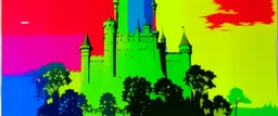 A rainbow empire with a giant castle painted by Andy Warhol
