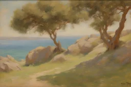 summer, trees, rocks, rihanna influence, henry scott tuke and sidney starr painter impressionism painting