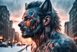 double exposure, Wolf Man, man, city, sunset, snow, rain, wind, fantasy, mystical, tattoo, vertical pupils, high detail, high resolution, 8K