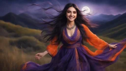 Hyper Realistic Close-up-view of a Beautiful Young Happy Pashto Girl with long-black-hair smiling & wearing purple-&-orange-embroidery-dress-with-black-shawl whirling with breeze, tall-grass along with a thick-tree on mountain top & cloudy-moonlight at night showing dramatic & cinematic ambiance