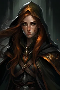 half-elf dungeons and dragons female rogue with fair skin amber eyes long copper hair soft features wearing a black hooded cape