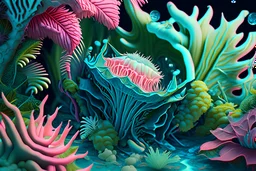 hyperdetailed photorealistic flytrap, background lush tropical lagoon, 16k resolution, wildlife photography, dynamic lighting. detailed matte painting, deep color, fantastical, intricate detail, splash screen, complementary colours, fantasy concept art. Woodblock carving, moulded resin forms and enamel, shell-pink and baby blue and light green pearlescent sheen. 3 dimensional forms with soft shadows, background faded water colour, Bas-relief, Chiaroscuro, Neon Black, Melting wax