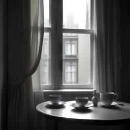 tarde lluviosa, una mesa, al lado de la ventana con las cortinas abiertas, con 3 tazas de té, dos llenas y una vacía, tonalidad en blanco y gris, retrato, luz difusa