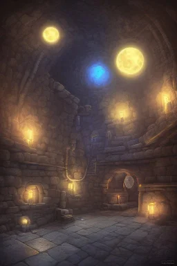 abstract, Moon like lamp in a dwarven mine underground, dungeon