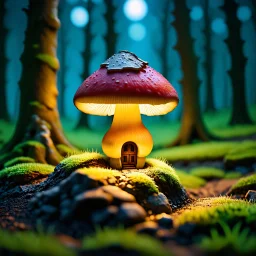 "Close up of a wonderful tiny Mushroom Tower home. Yellow and red with bright white, deep black and contrasting tones of gray. Illuminated bioluminescent forest. Professional painter, master at composition. small but detailed. broken, blurred background, voluminous lighting"