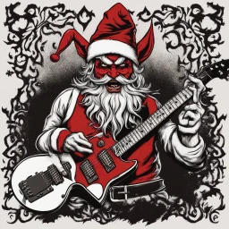 satanic santa claus with devil horns playing electric guitar