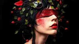 Thomas Ligotti, Mannequin World, In Space They Can't Hear You Scream, Dave McKean, Inspired by Zdzislaw Beksinski's Nightmare Paintings, Wassily Kandinsky, Double Exposure, Gnostic Tragedy, Sinister, Woman, Messy Black Hair, Made of Shiny Texture, Sunglasses on Head, Red Blush, Blindfolded, Half Smirk, Vine Design, Raspberry, Surreal, Futuristic, Black Open Background, Peach Skin, Leafy Textures, Shiny Plastic, Organic Aesthetics, Pink Red Tint, Green Leaves, Alien Design, Mutant Structure, Red