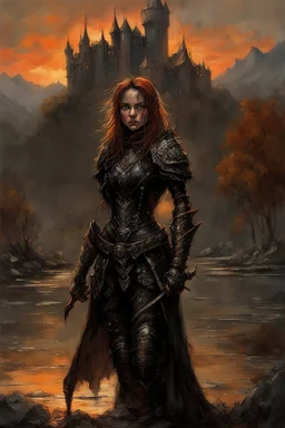 A formidable warrior girl in black armor, on the background Amazing gloomy landscape, flooded with sunset, mountains, trees, fabulous scary hero, , juicy emotions, painting, dark fantasy, gloomy day, dark world, portrait, Gothic Town At Night, Fantasy, Intricate Details, Castle Courtyard Gardens, Hyper Detailed, Jean Baptiste Monge, Carne Griffiths, Michael Garmash, Seb Mckinnon, Masterpiece