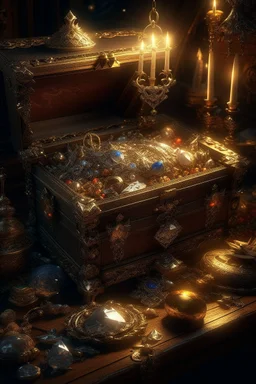 Classism painting style treasure pirates box of jewelry and diamonds ,intricate insanely , ,candles with flames in the middle ,detailed octane render trending on artstation, 8k artistic photography, photorealistic concept art, soft natural volumetric cinematic perfect light, chiaroscuro, award-winning photograph, masterpiece, oil on canvas, Raphael, Caravaggio, Greg Rutkowski, people, beksinski, Giger