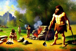 Impressionism, caveman holding a club, cave, cave bear, campfire, stone age, dawn, trending on artstation, fine detail, high quality,