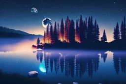 Night, moon, mist, cabin?, pine trees, lagoon reflection, rocks, rocks, sci-fi, epic