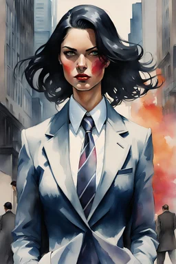 a watercolor painting of a woman in a suit and tie, style of maciej kuciara, furious dark haired women, street of new york, mit technology review, silk belt, detective coat, malcolm liepke, artgerm greg rutkowski _ greg, image comics, by Jane Hawkins