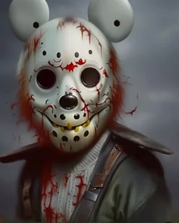 zombie mickey mouse hybrid, photorealism, movie screen capture, horror, sci-fi, retrofuturism, matching mickey mouse ears on mask