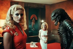 [vintage style noisy scratches glitches, Shot the texture and then rewound the film and double exposed from a colorful 1970s Italian movie] As the hot blonde cheerleader and the xenomorph mummy faced each other in the eerie hotel room, a palpable tension filled the air. The cheerleader, her youthful exuberance contrasting with the mummy's ancient horror, stood poised for a confrontation unlike any other. The xenomorph mummy, a fusion of unearthly terror and decaying majesty, regarded the cheerle